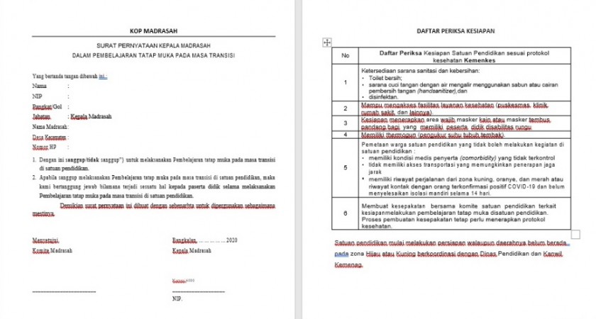 Contoh Surat Pernyataan Kepala Madrasah Dalam Pembelajaran Tatap Muka Pada Masa Transisi